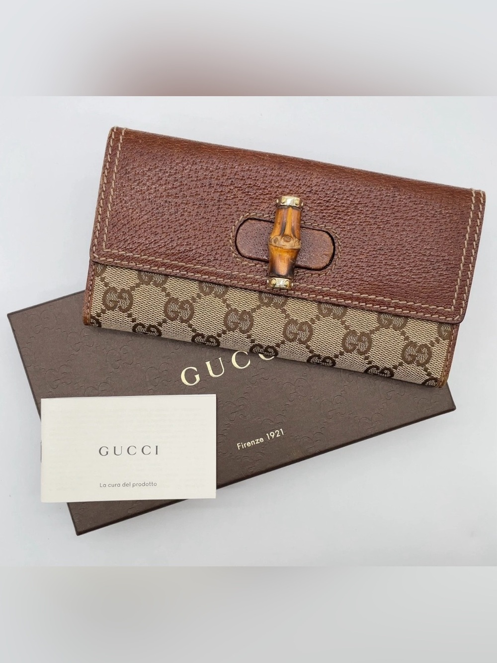 Gucci Brown GG Canvas & Leather Bamboo Clasp Wallet